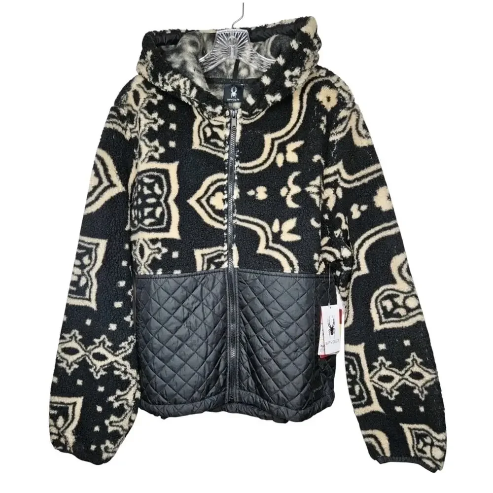 NWT! Spyder $169 Black Sherpa Fleece Quilted Full-Zip Hooded Jacket - Size Large - Picture 4 of 9